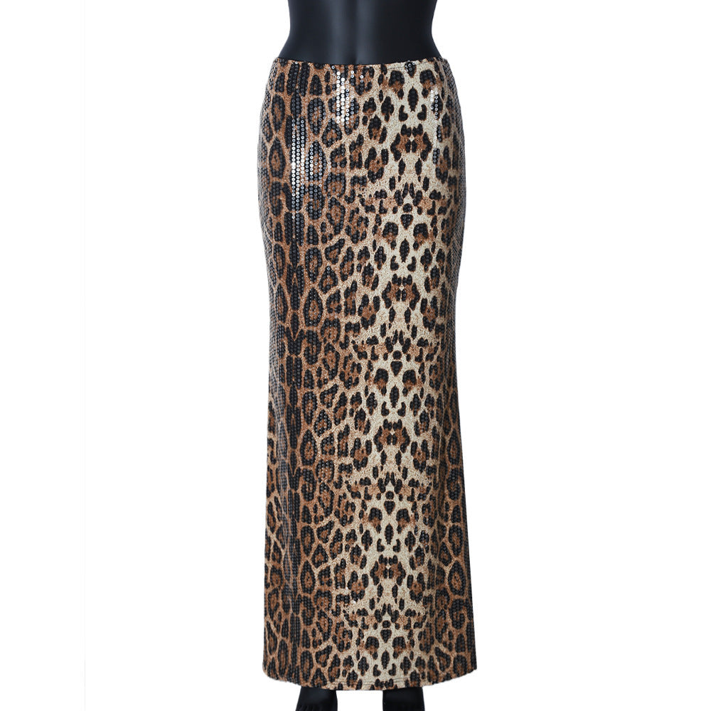 Amy – Leopard Print Sequin Stretch Skirt