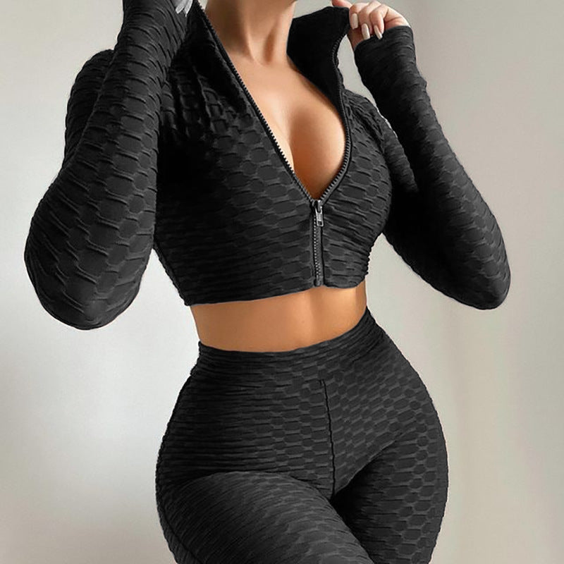 Gabrielle – Zipper Stand Collar Crop Top and High Waist Shorts Set