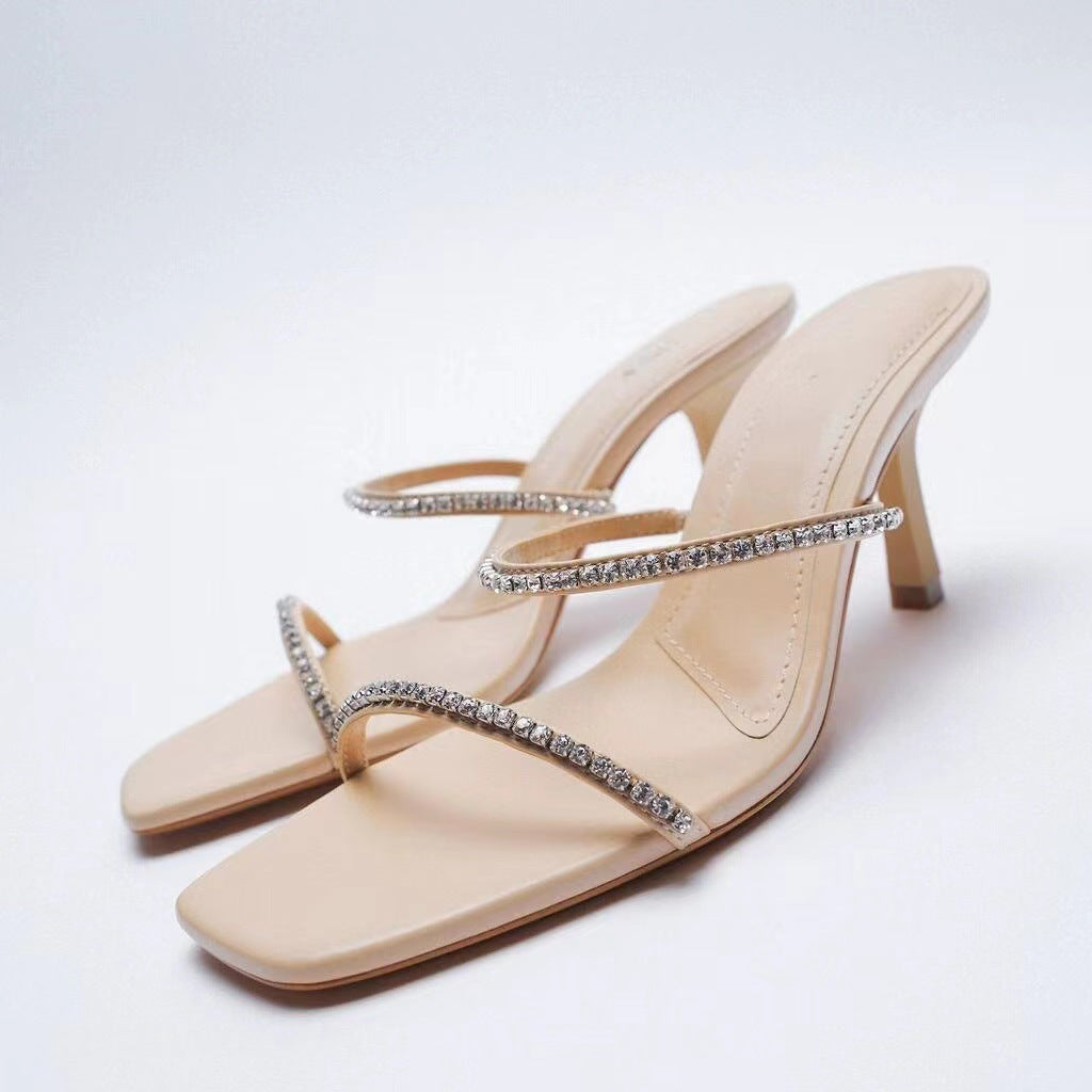Betty – Beige Square Head Glitter Stiletto Slippers