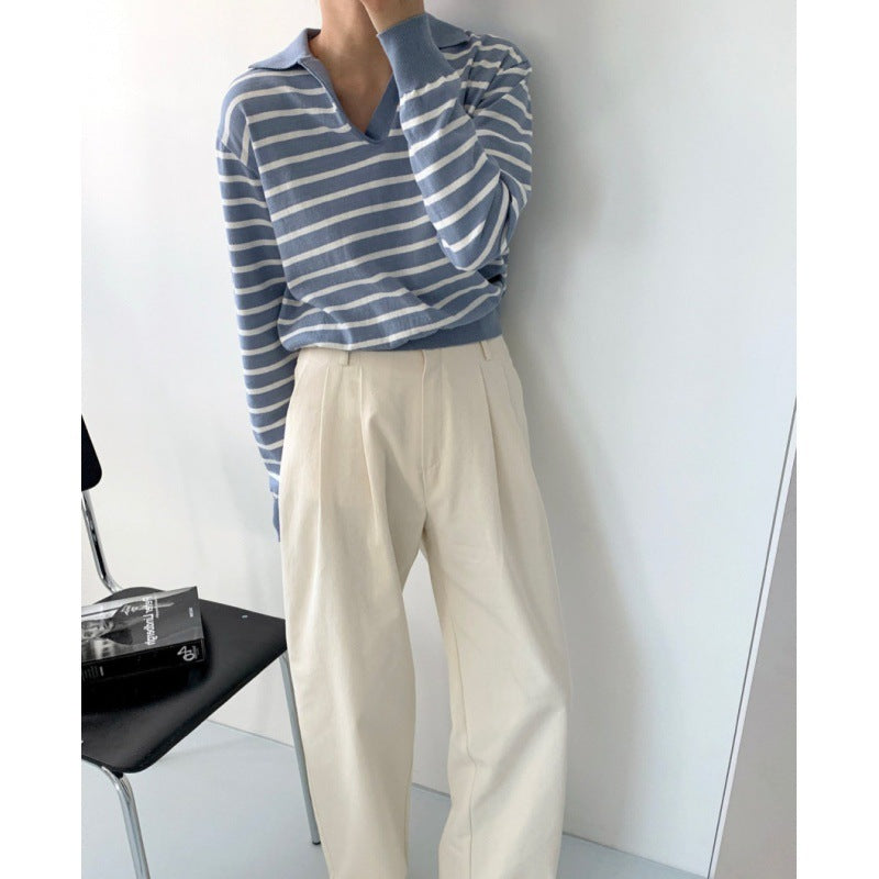 Shirley – Striped Knitted Polo Collar Top