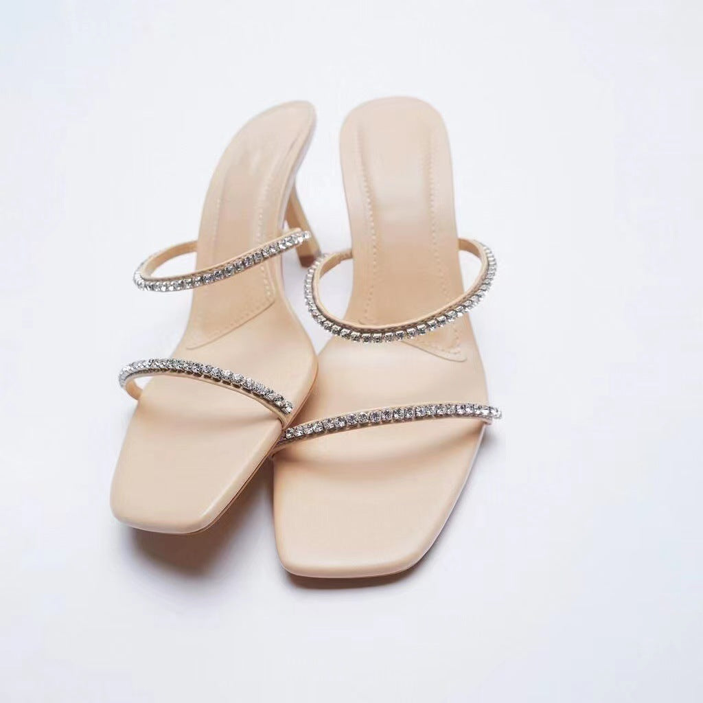 Betty – Beige Square Head Glitter Stiletto Slippers