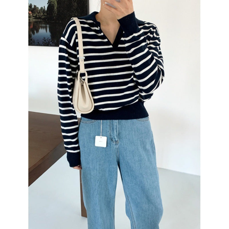 Shirley – Striped Knitted Polo Collar Top