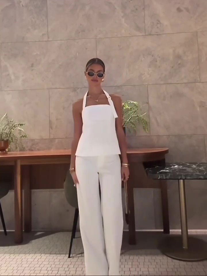 Natasha – White Backless Halterneck Vest & High-waisted Pants Suit