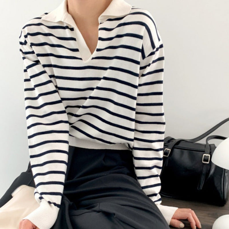 Shirley – Striped Knitted Polo Collar Top