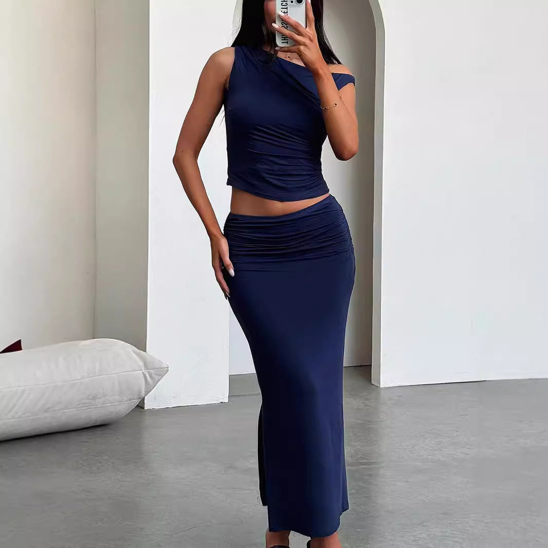 Heather – One-shoulder Pleated Top and Skirt Set