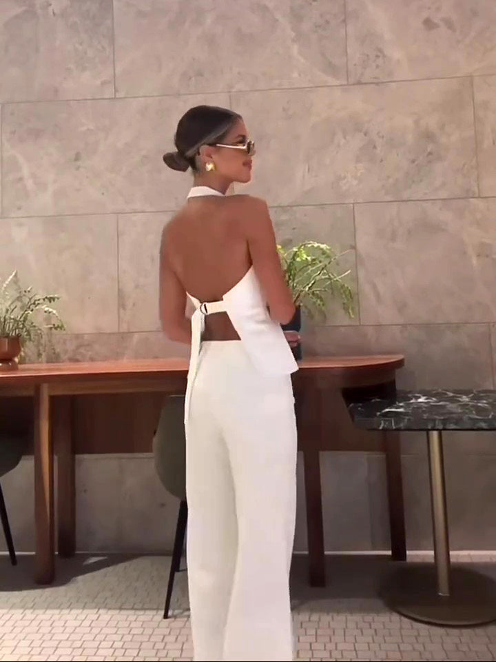 Natasha – White Backless Halterneck Vest & High-waisted Pants Suit