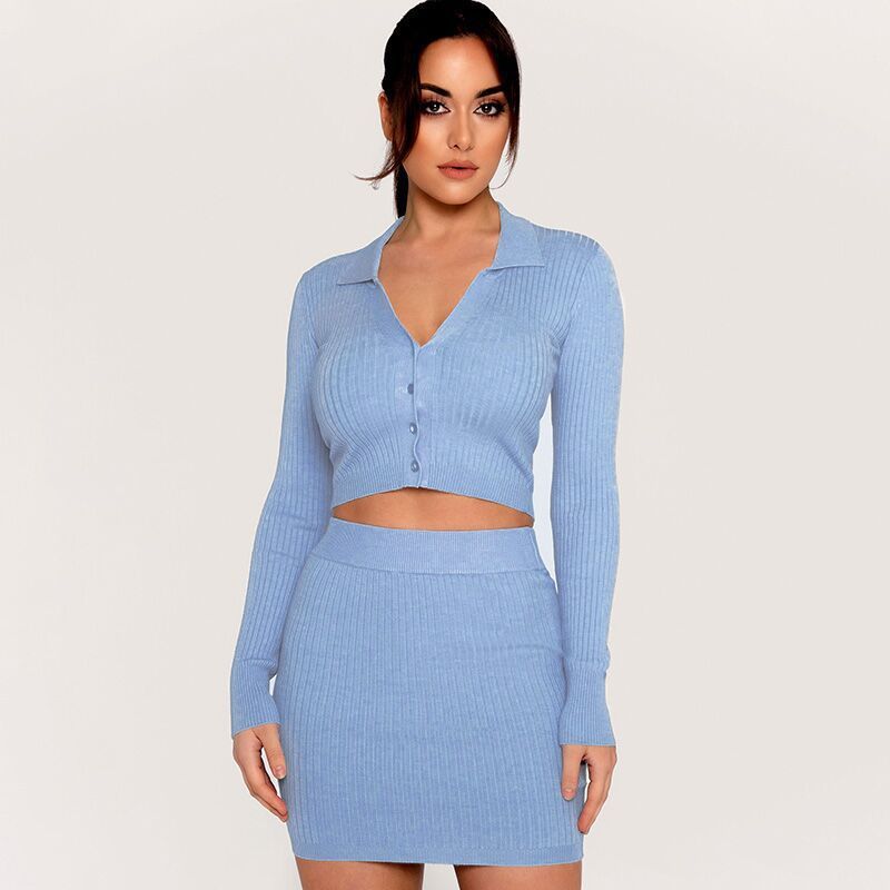 Janet – V-neck Slim-fit Knitted Suit with Long Sleeve Miniskirt
