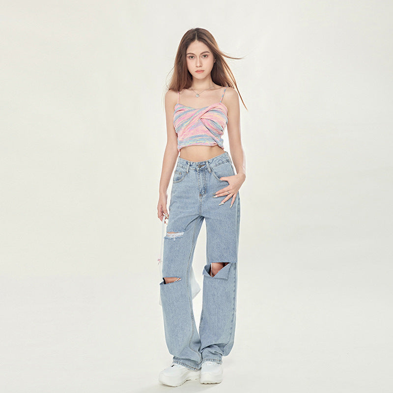 Emma – High Waist Light Blue Ripped Wide-legged Jeans