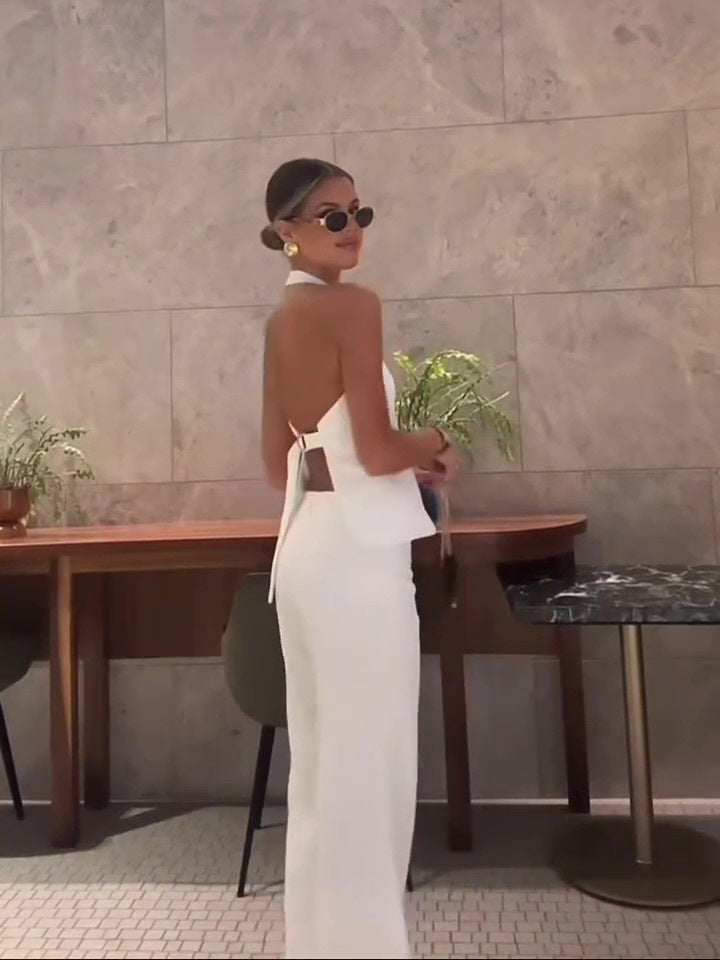 Natasha – White Backless Halterneck Vest & High-waisted Pants Suit