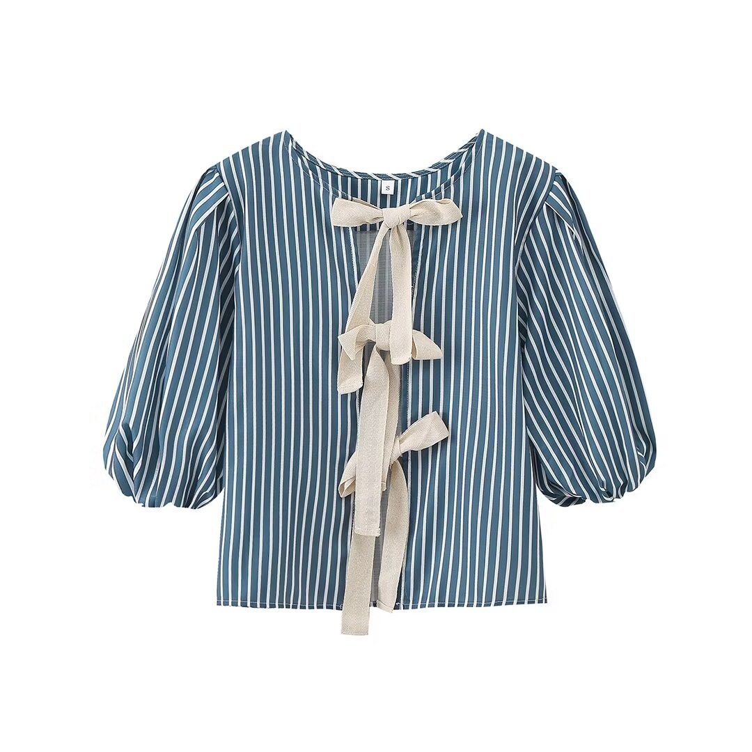 Rachael – Women's Striped Bow Lace-up Top