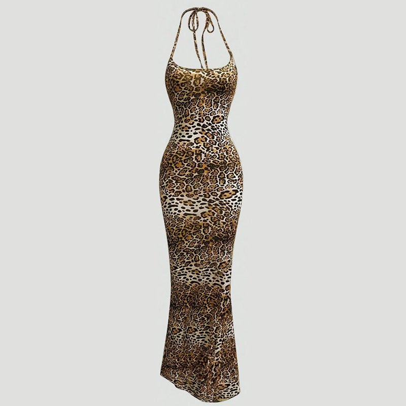 Natalie – Halter Fishtail Dress with Leopard Print