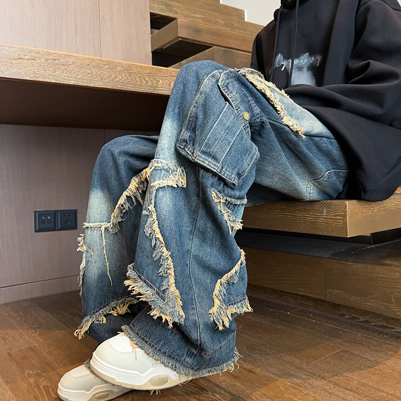 Hugh – Retro Straight Jeans in Distressed Blue