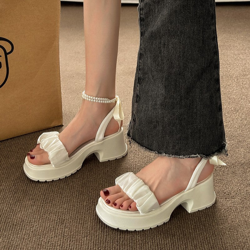Zoe – Pearl Bow Chunky Heel Sandals