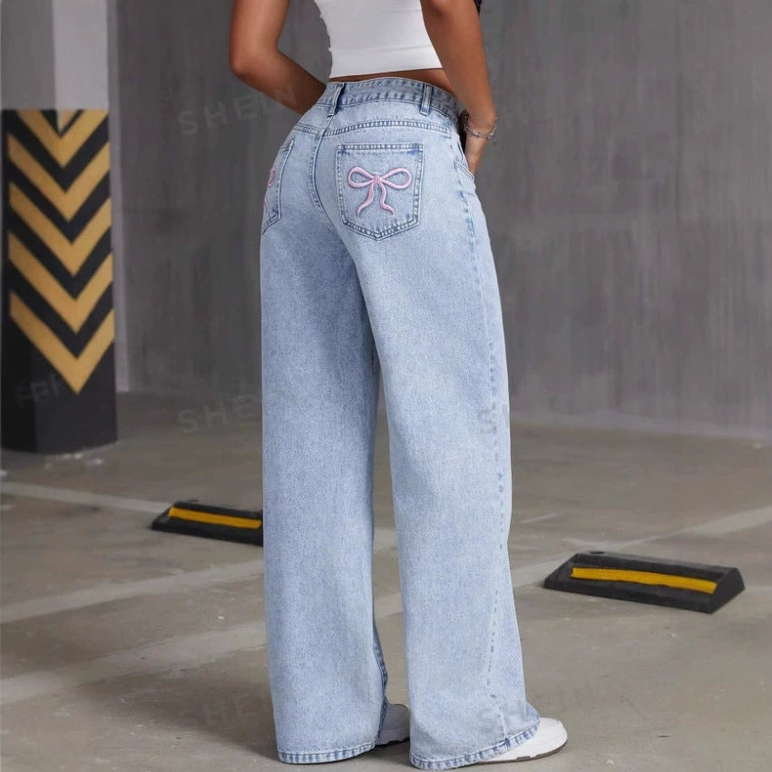 Shirley – Vintage Bow Embroidered Straight Jeans