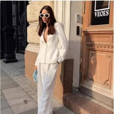 Denise – V-Neck Suit Coat with Wide Leg Pants Set