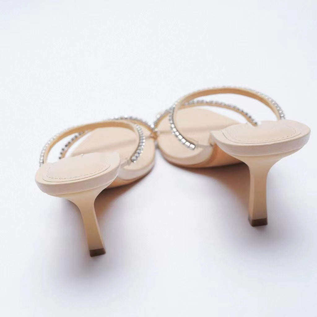 Betty – Beige Square Head Glitter Stiletto Slippers