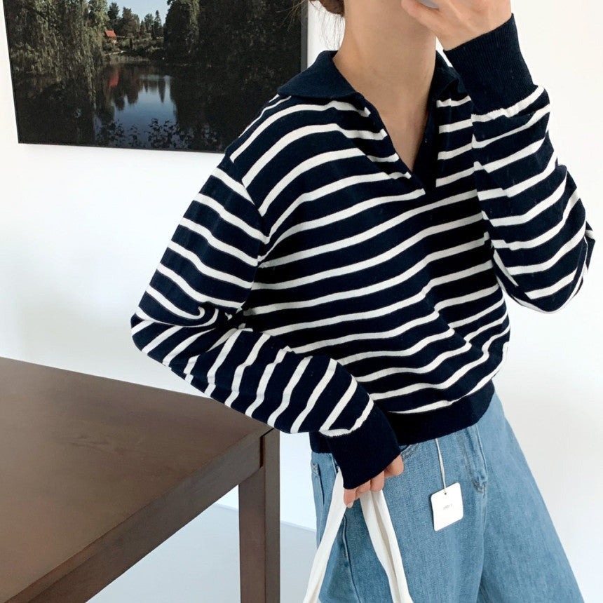 Shirley – Striped Knitted Polo Collar Top