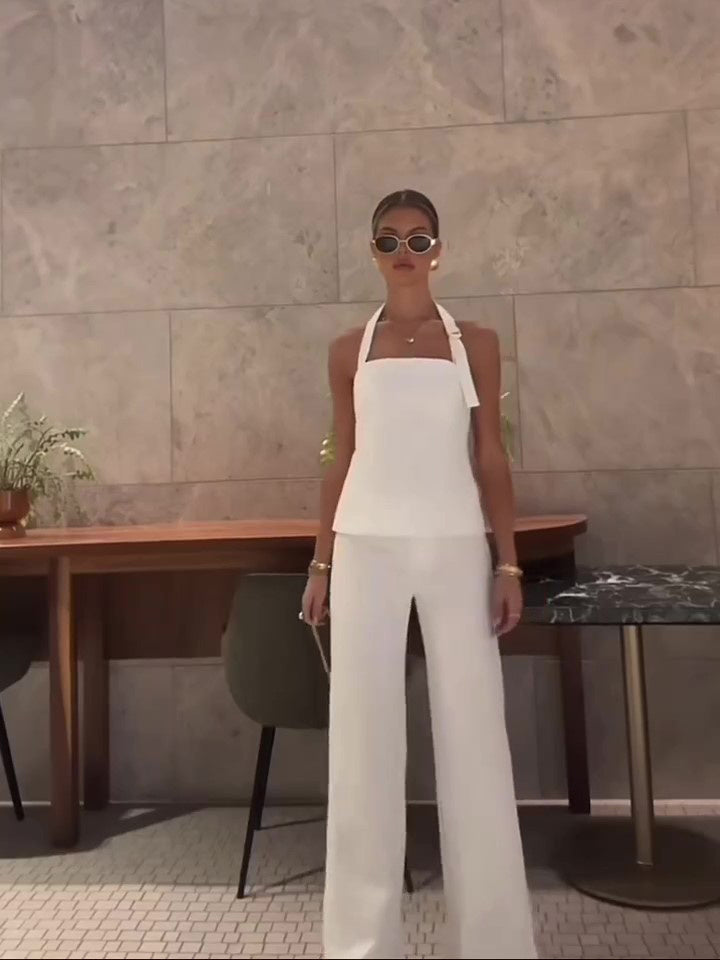 Natasha – White Backless Halterneck Vest & High-waisted Pants Suit
