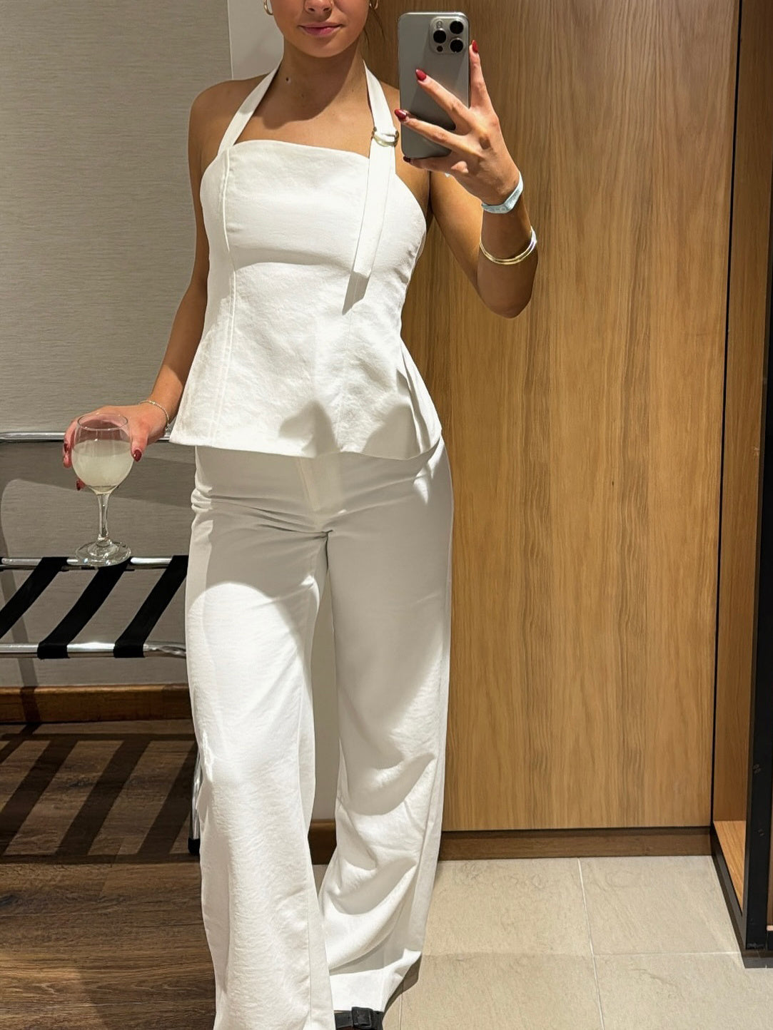 Natasha – White Backless Halterneck Vest & High-waisted Pants Suit