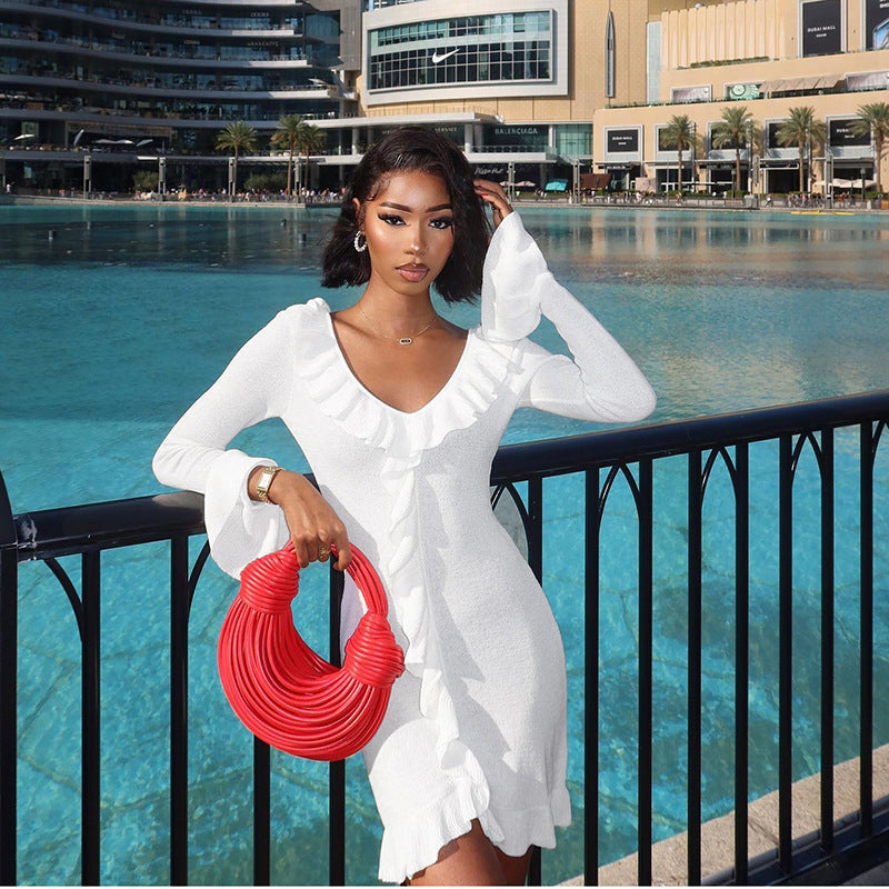 Melissa – Slim Knit Ruffled Long Sleeve Dress