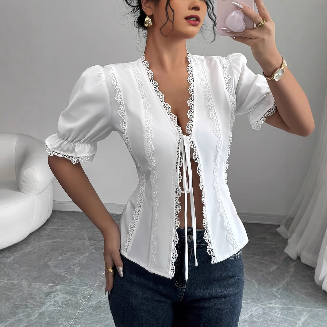 Ann – Women's V-Neck Lace-Up Pleated Shirt