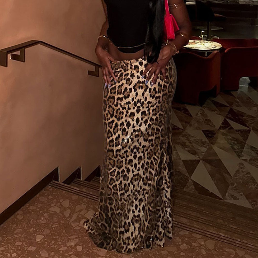 Amy – Leopard Print Sequin Stretch Skirt
