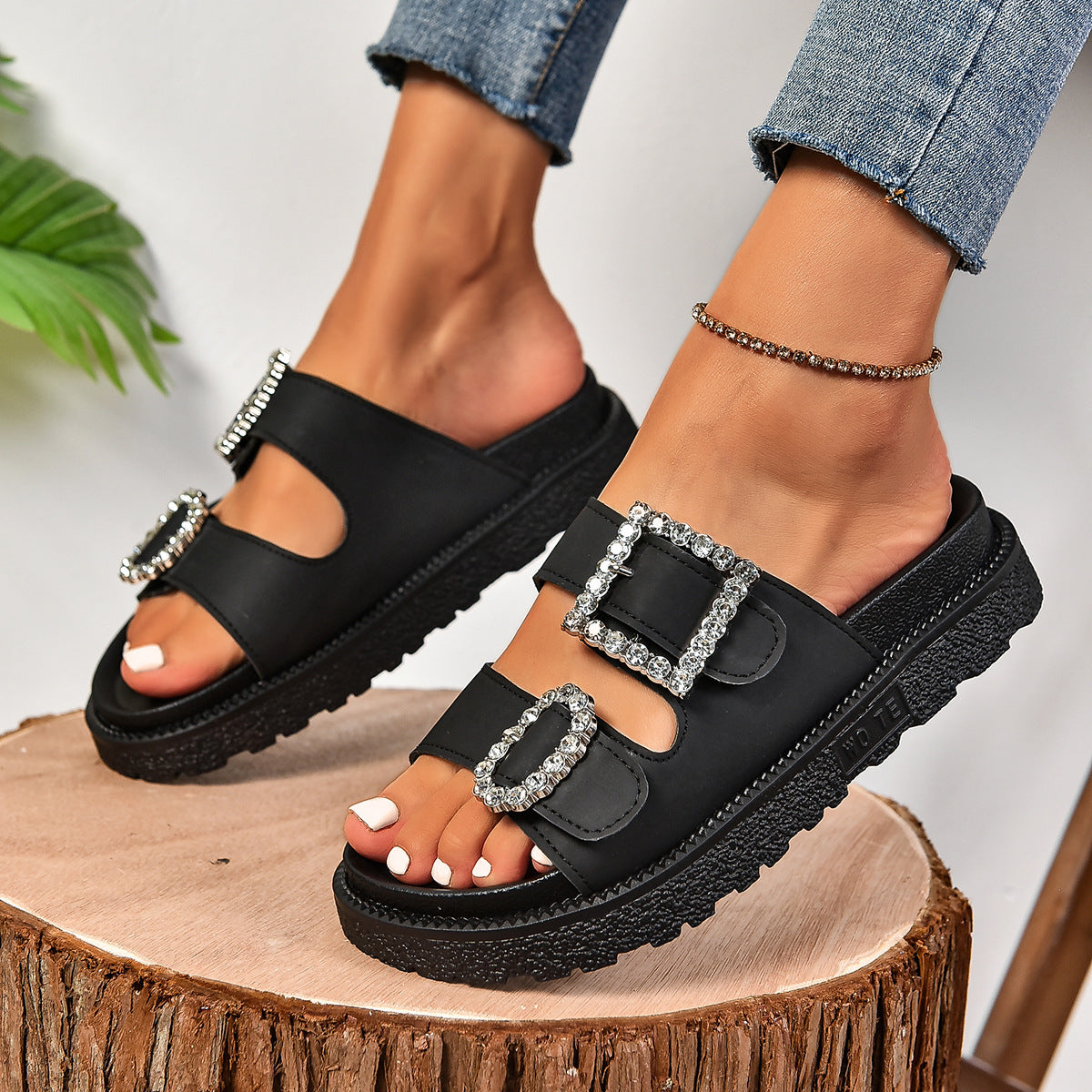 Andrea – Rhinestone Belt Buckle Platform Sandals