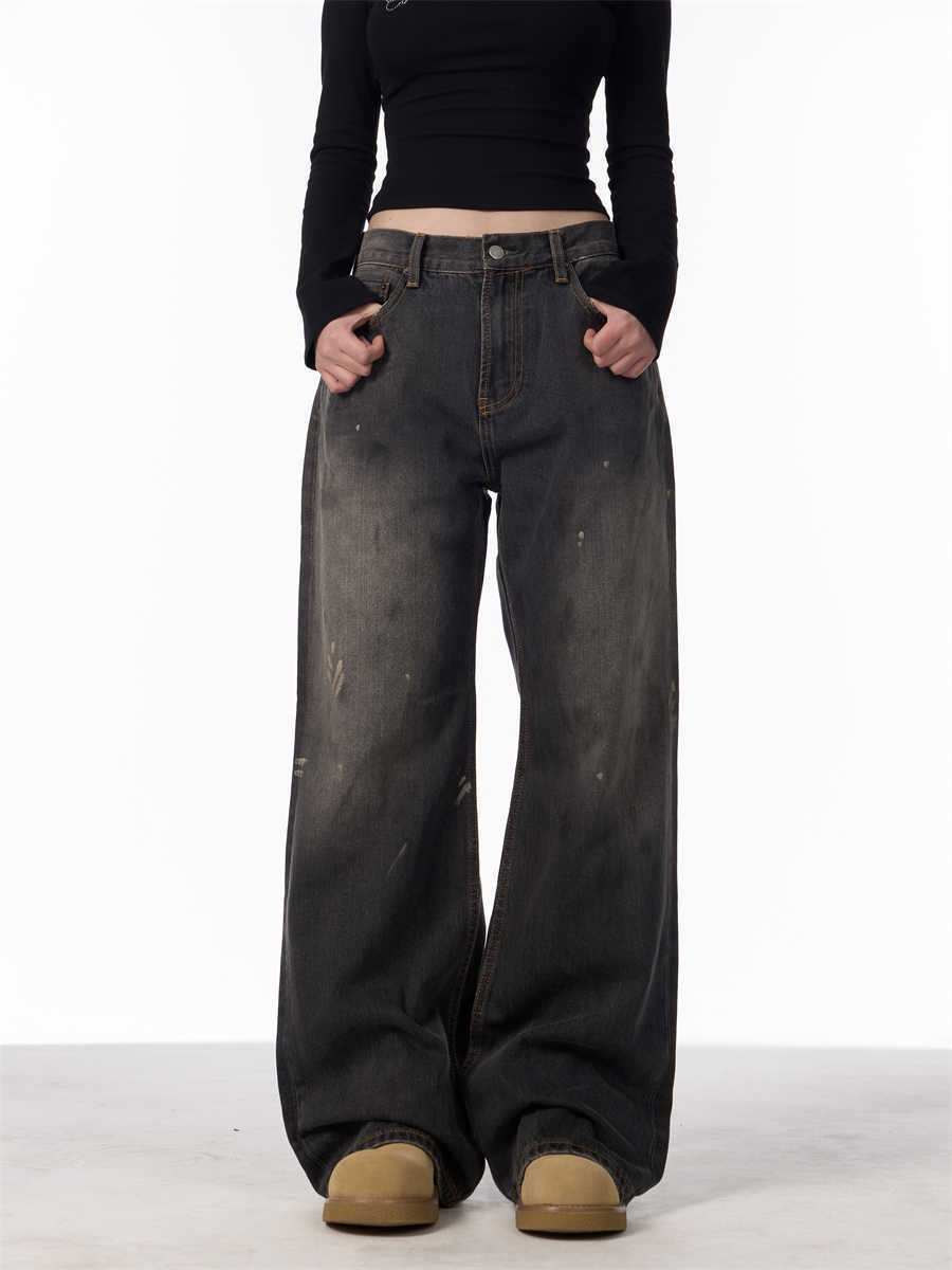 Laura – Retro Splash-Ink Loose Straight Jeans