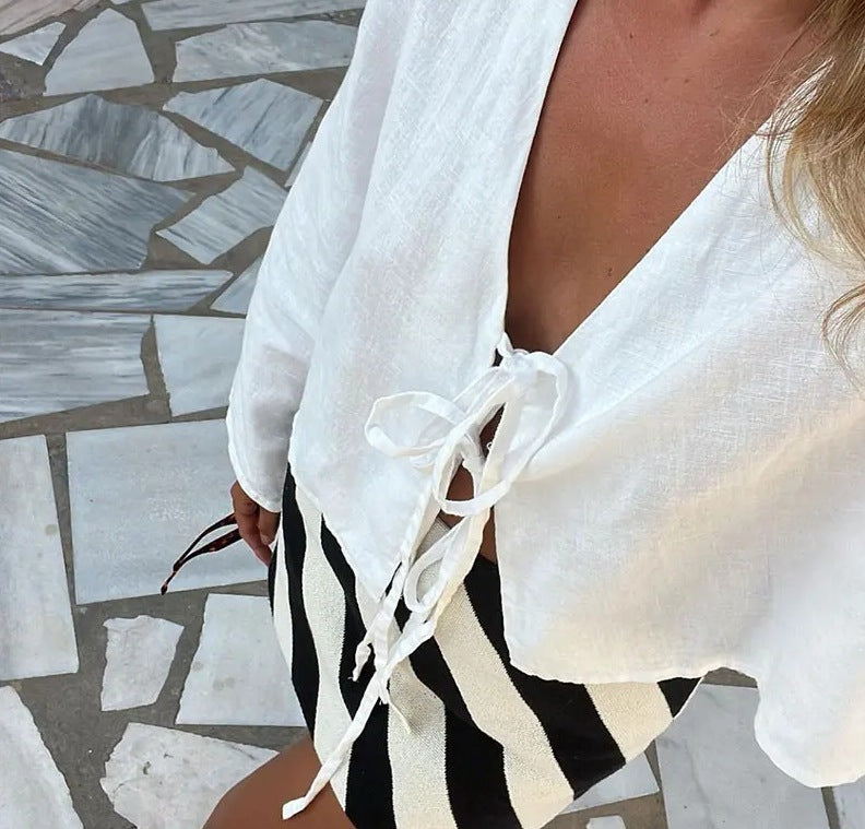 Melissa – Elegant Bell Sleeve Tie Top