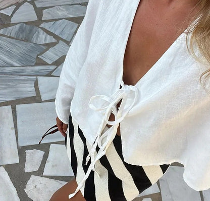 Melissa – Elegant Bell Sleeve Tie Top