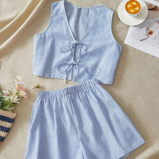 Susan – Elegant Striped Knit Tank and High-Waist Shorts Set