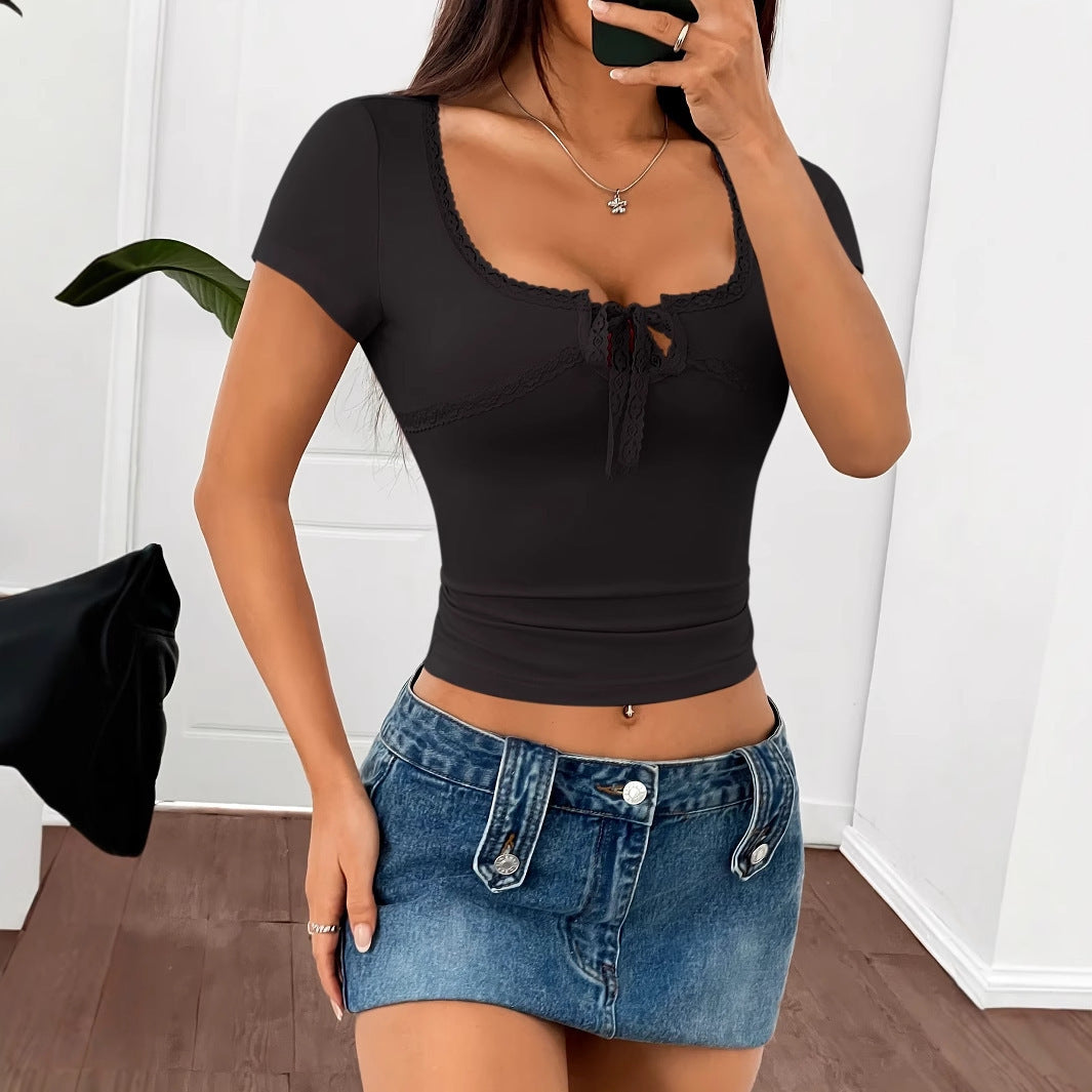 Gabrielle – Women's Slim Fit Lace Patchwork Tie Shirt