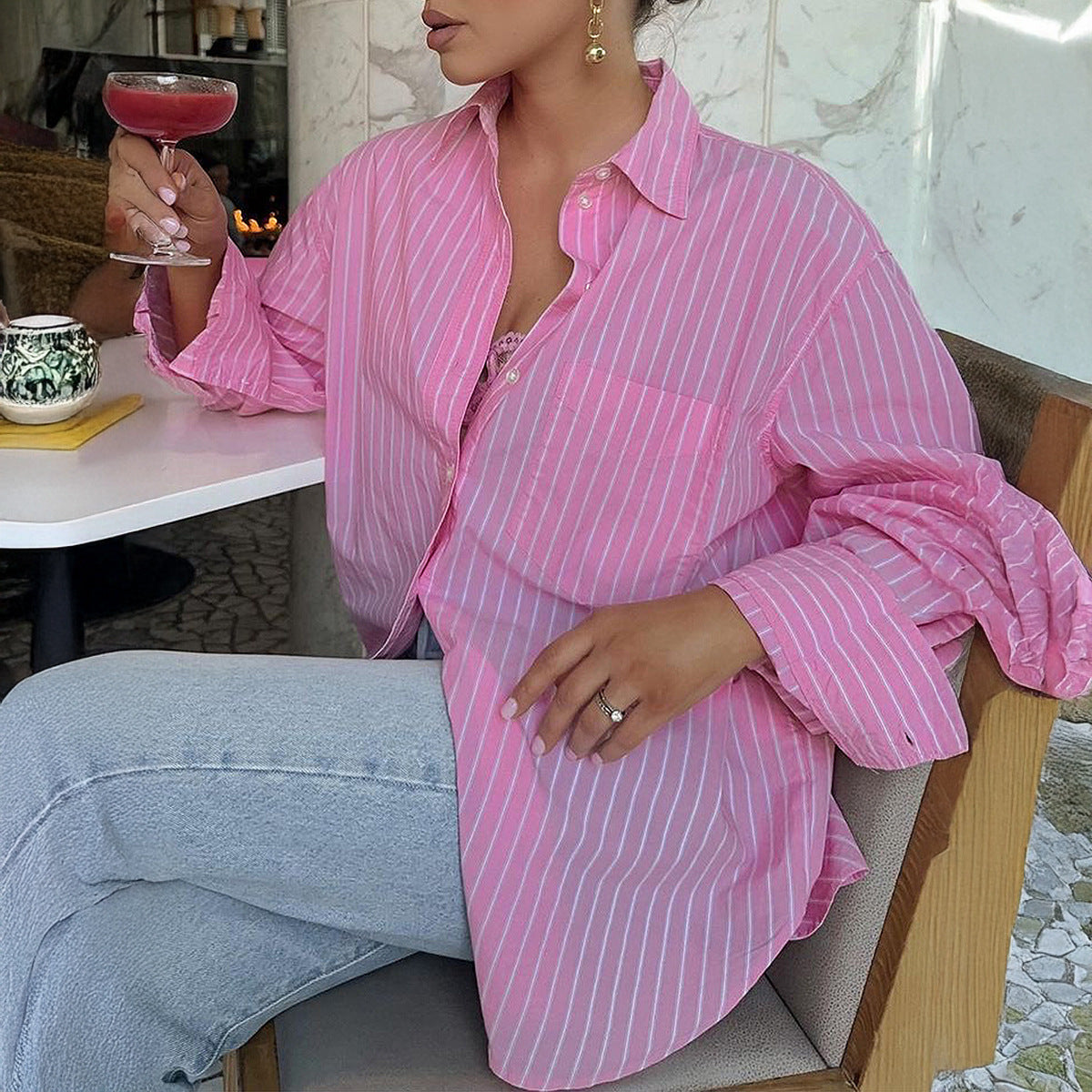 Ann – Loose Printed Striped Contrast Color Long Sleeves Top