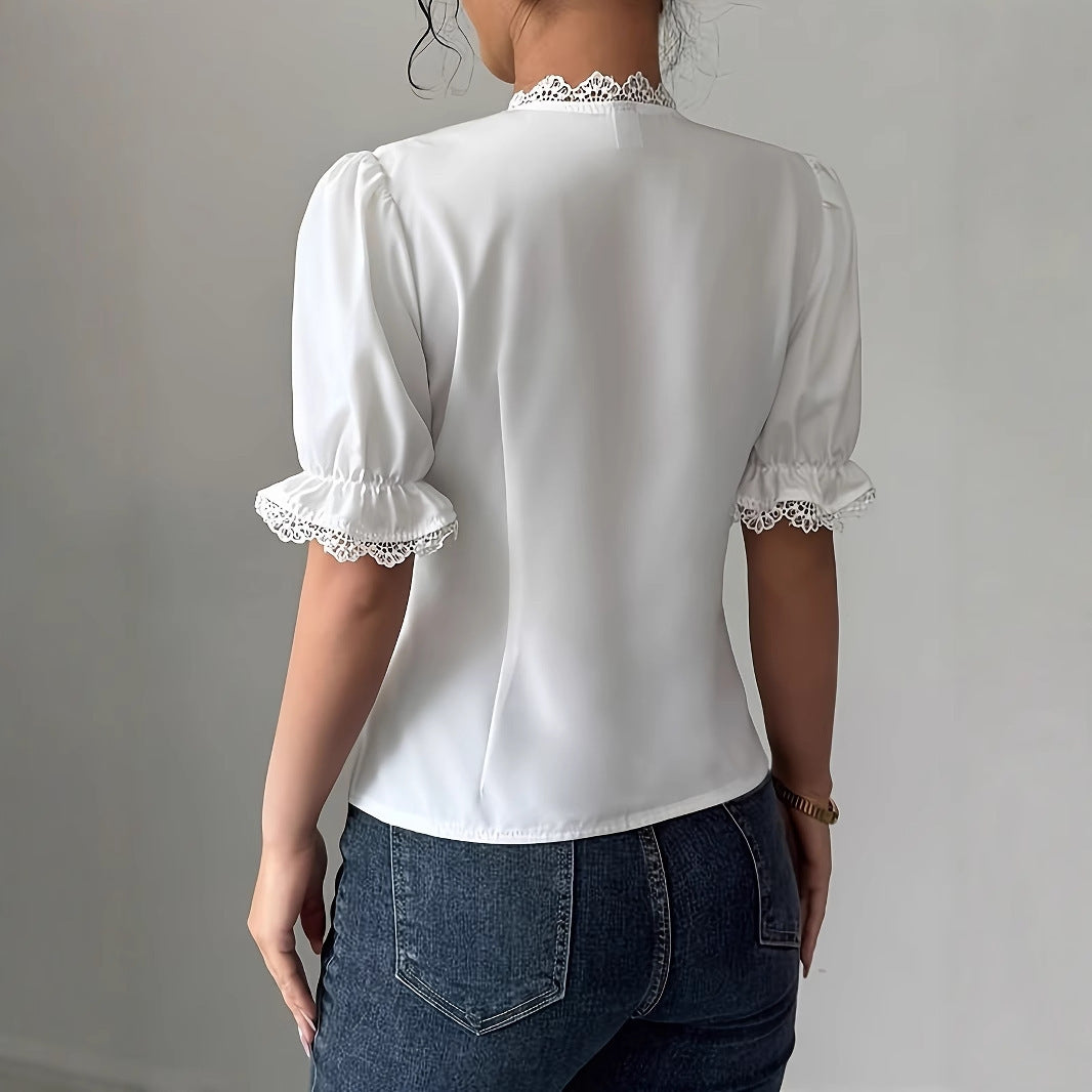 Ann – Women's V-Neck Lace-Up Pleated Shirt