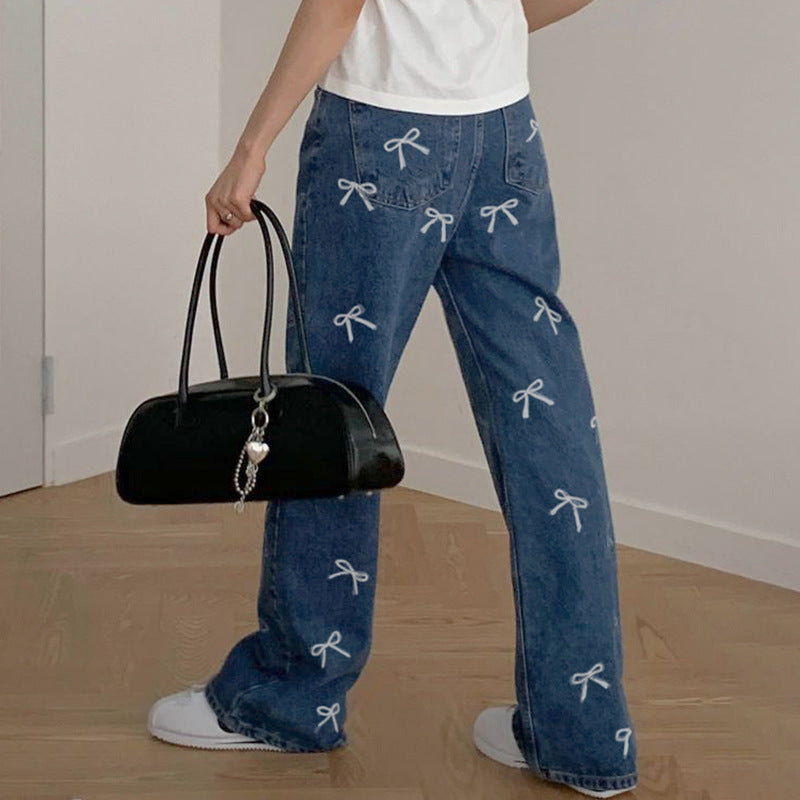 Megan – Vintage Bow Print Loose Jeans