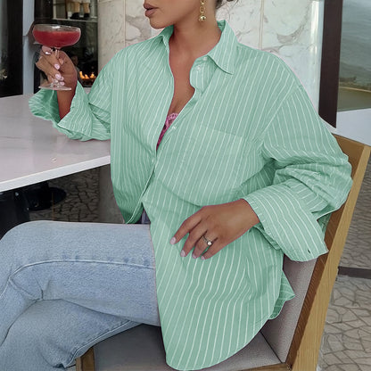 Ann – Loose Printed Striped Contrast Color Long Sleeves Top