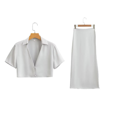 Tracy – Silk Satin Short Sleeve Skirt Suit