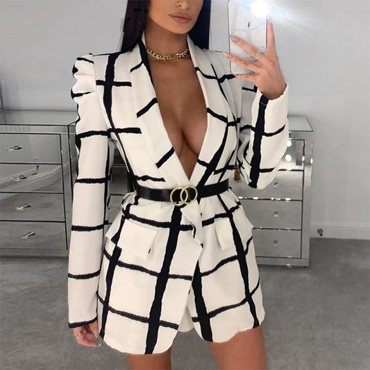 Laura – Deep V-Neck Plaid Blazer