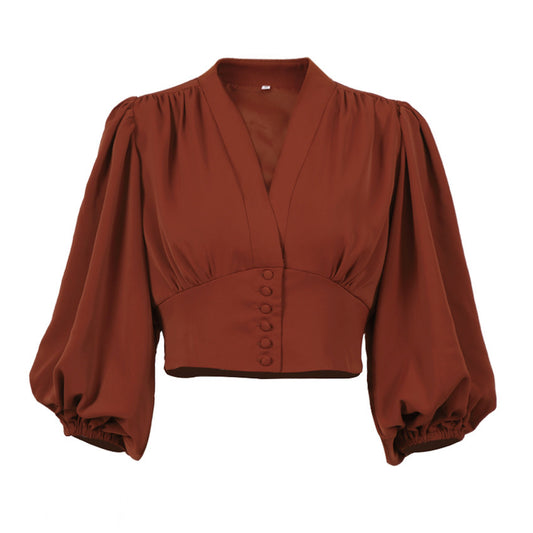 Jade – Elegant V-Neck Blouse with Lantern Sleeves