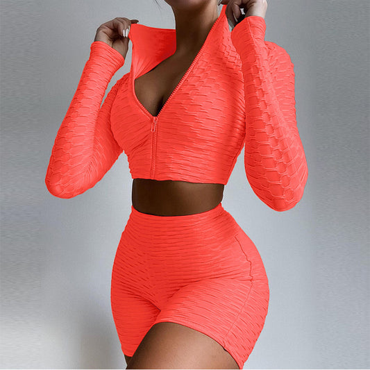 Gabrielle – Zipper Stand Collar Crop Top and High Waist Shorts Set