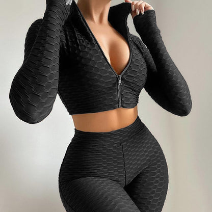 Gabrielle – Zipper Stand Collar Crop Top and High Waist Shorts Set