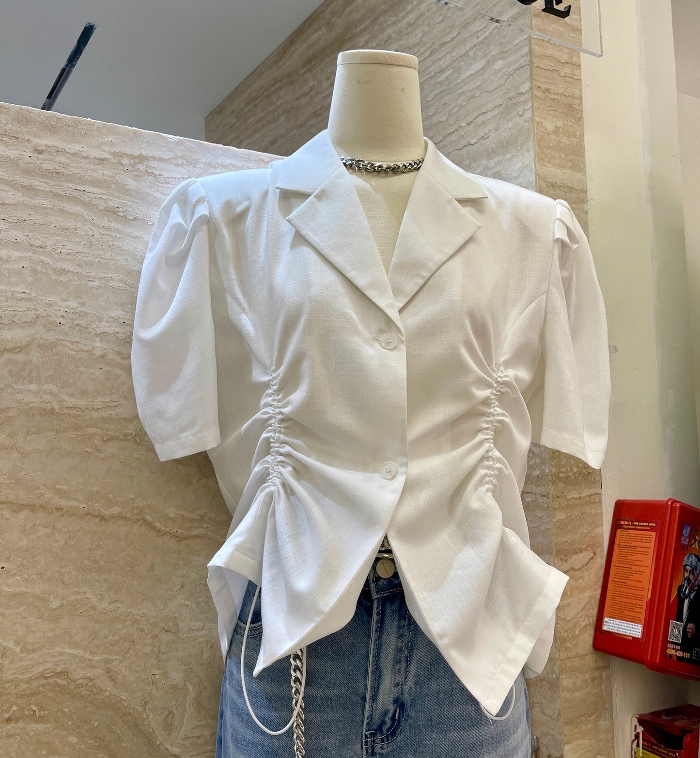 Vanessa – Women's Suit Collar Top with Bubble Sleeves