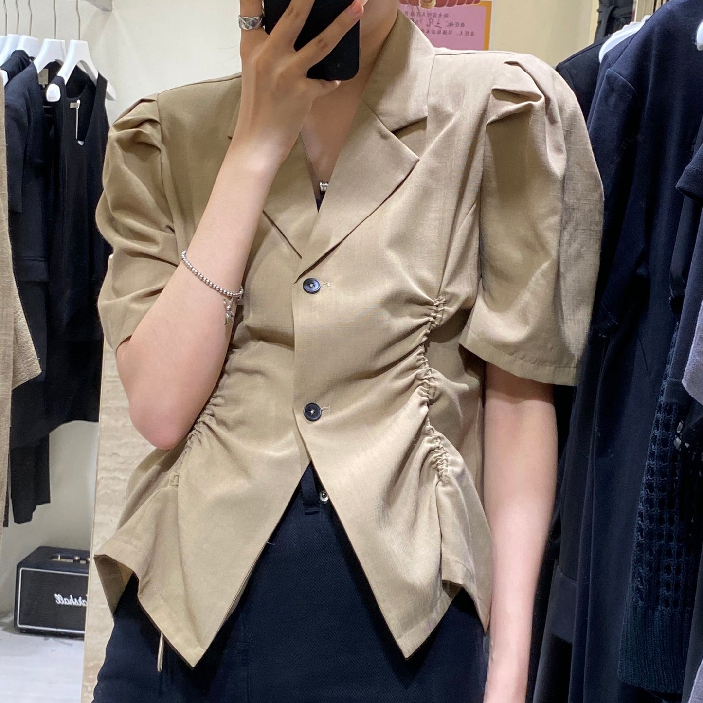Vanessa – Women's Suit Collar Top with Bubble Sleeves