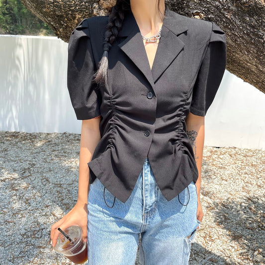 Vanessa – Women's Suit Collar Top with Bubble Sleeves