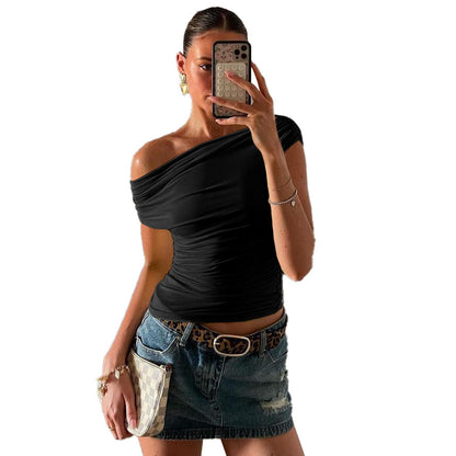 Nicola – Graceful Solid Color Diagonal Collar Top