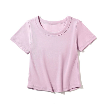 Carly – French-style O-neck Short Vegan Cotton T-shirt with Curved Hem