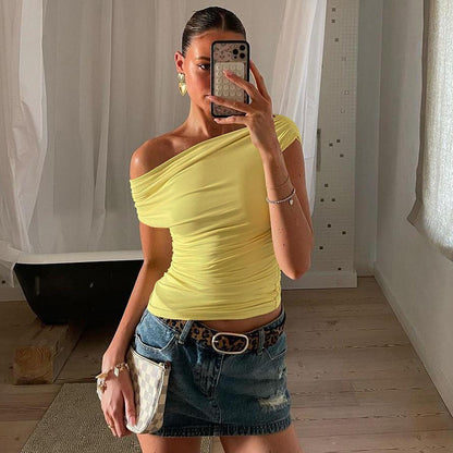 Nicola – Graceful Solid Color Diagonal Collar Top