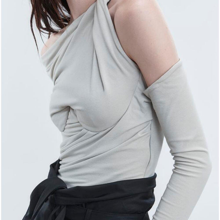 Lucy – Rice Gray Single Shoulder Slim Fit T-shirt