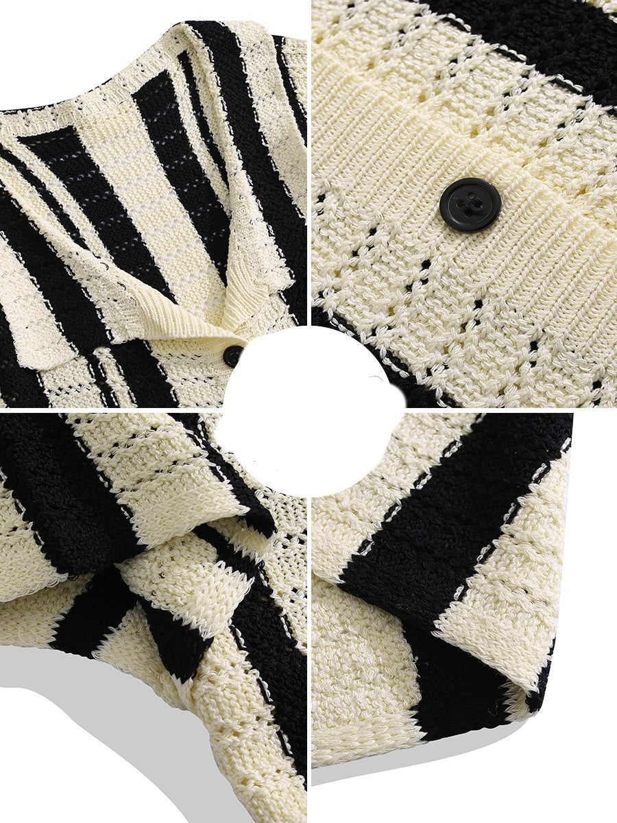 Denise – Hollow Out Striped Polo Collar Shirt