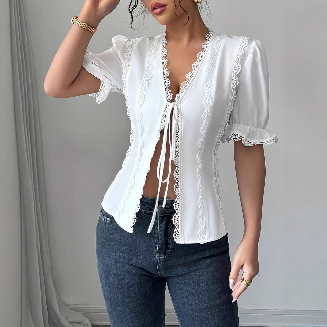 Ann – Women's V-Neck Lace-Up Pleated Shirt